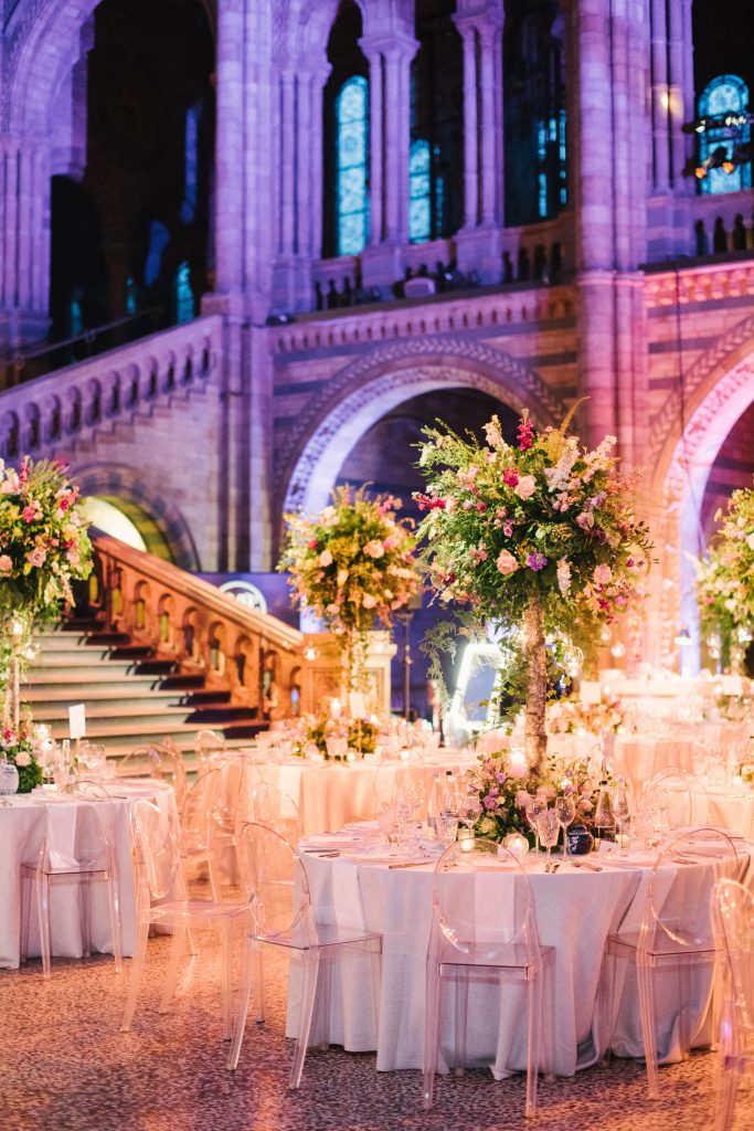 Wedding breakfast set up at the Natural History Museum London