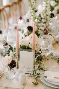 Table details in English countryside venue Holywell Hall near Stamford